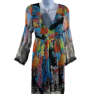Vintage Oleg Cassini 80s 90s Abstract Boho Sheer Bell Sleeve Midi Dress Sz 6 thumbnail 10