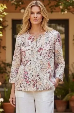 Chico's‎ Linen Zip Up Jacket Shacket Sz 3 (XL) Boho Chic Coastal Paisley Career thumbnail 1