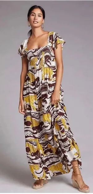 By Anthropologie Leopard Print ruffled maxi dress XL Smocking Flutter Sleeve #14 thumbnail 3