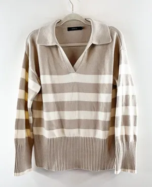 Zesica Long Sleeve V Neck Striped Polo Pullover Sweater Tan White Small thumbnail 1