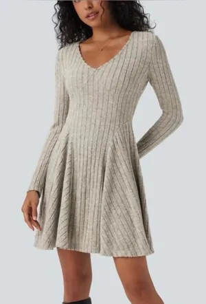 Halara Womens Long Sleeve Ribbed V-Neck Fit & Flare Mini Dress Oatmeal Grey‎ S thumbnail 1