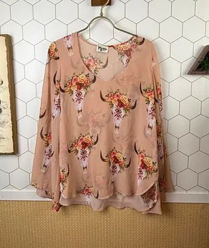 Show Me Your Mumu Peach Western Patterned Long Sleeve Tunic - Size - Small thumbnail 1