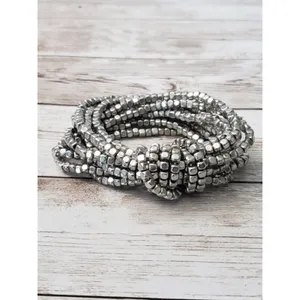 Vintage Bracelet / Bangle Stretchy Silver Tone Beads with Knot Design thumbnail 3