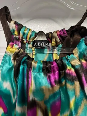 A. Byer Abstract Multicolored Print Satin Halter Top Tie Shoulder NWOT Size L thumbnail 6