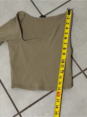 Zara Women‎ Tan Beige Ribbed Asymmetrical One-Shoulder Long Sleeve Crop Top M thumbnail 6