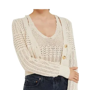 Anthropologie Pointelle Knit Cardigan Sweater Cream Cotton Open Knit Womens XS thumbnail 2