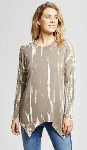 Knox Rose Olive Tie-Dye Studded Shoulder Cutout Long Sleeve Tunic Medium thumbnail 1