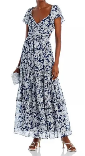 Aqua Maxi Dress Womens Size Small Gown Blue White Tiered Metallic Formal NEW‎ thumbnail 1