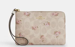 Coach Corner Zip Wristlet In Signature Canvas With Floral Print thumbnail 1
