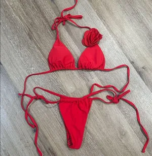 Red Bikini Set with Floral Detail and cheeky bottoms thumbnail 1