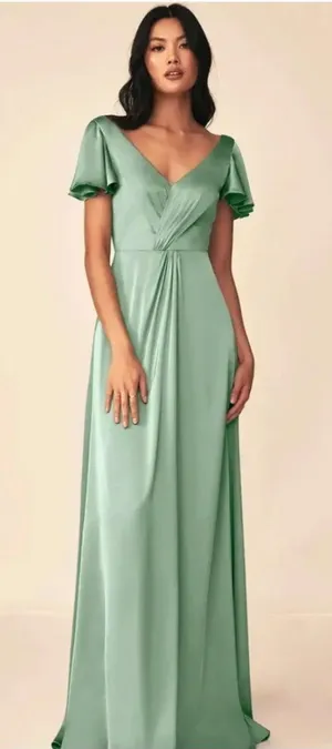 Azazie Soren Agave Green Maxi Dress Satin Stretch thumbnail 1