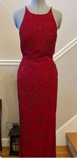 Vintage Blushe Impressions Red Beaded Maxi Gown Open Back Crossover Dress Size 6 thumbnail 1
