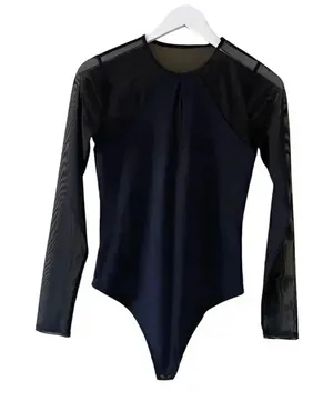 Abercrombie & Fitch Black Soft Long Sleeves Mesh Square Neck Bodysuit SZ S #1112 thumbnail 1