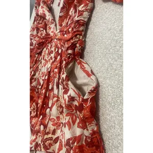 Free People Red Cream Floral V-Neck Long Balloon Sleeve Romper S Rayon thumbnail 15