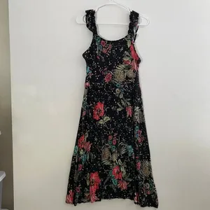 Maurices 24/7 Floral Midi Dress Medium Black Ruffle Strap Boho Cottagecore thumbnail 2