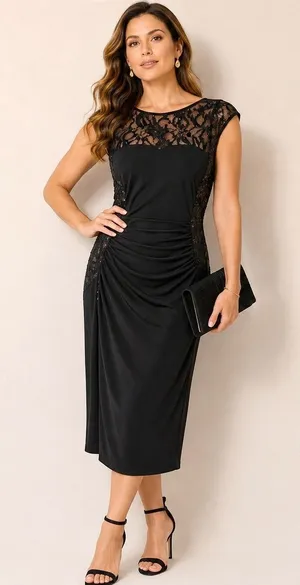 Ralph Lauren Black Lace‎ Sequin Illusion Sheath Dress 14 Ruched Cocktail Attire thumbnail 1
