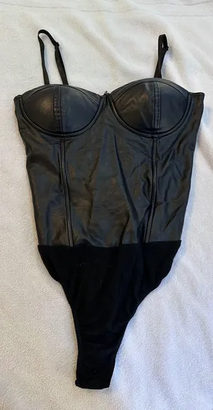 Say What? Womens Black Faux Leather Bustier Bodysuit Underwire M thumbnail 1
