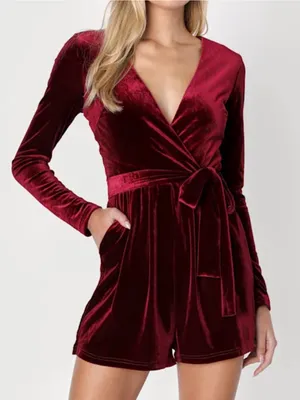 Lulus Women’s Romantic Moves Burgundy Velvet Long Sleeve Vneck Romper Size Small thumbnail 1