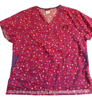 Dickies Scrub Top XS Pink Multicolor Flowers Daisy Cotton Scrubs Nurse Uniform thumbnail 1