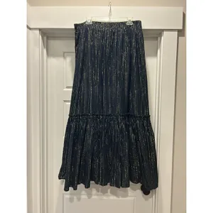 Boden Skirt Womens 14 Maxi Navy Gold Stripe Tiered Broomstick Lined Pull On Boho thumbnail 3