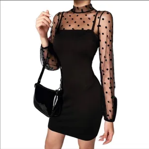 Women's Black Mock Neck Long Sleeve Polka Dot Cocktail Mini Dress Size XS thumbnail 2