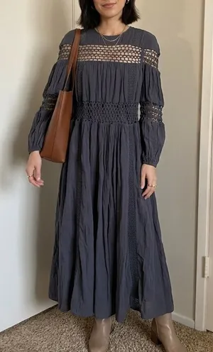 ASOS EDITION Charcoal Gray Crochet Trim Drop Waist Maxi Dress 4 Cotton Boho thumbnail 1