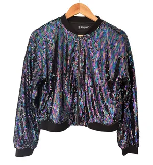 Allegra K Iridescent Sequin Bomber Jacket | Size Small thumbnail 1