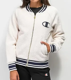 Champion cream Sherpa varsity bomber sporty jacket with logo thumbnail 1