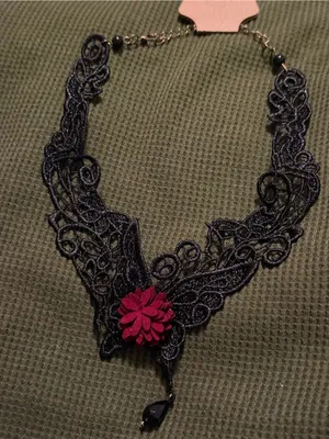 Goth Black Lace Choker Necklace with Red Flower Accent thumbnail 3