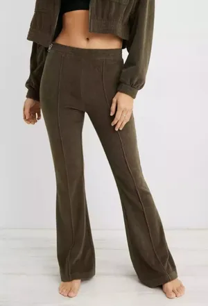 Aerie Groove-On Rib Velour Flare Pant Nomad Olive Size S thumbnail 1