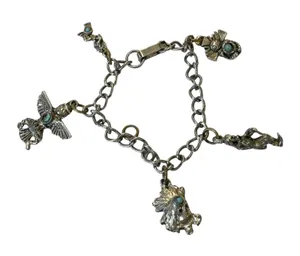 Turquoise Accented Charm Bracelet Anklet Southwestern Silver Tone Tribal Boho thumbnail 1