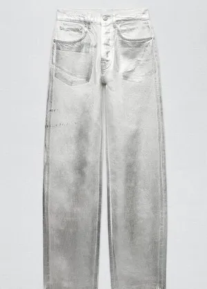 Zara mid‎ rise boyfriend jeans metallic silver jeans size 4 NWOT thumbnail 1