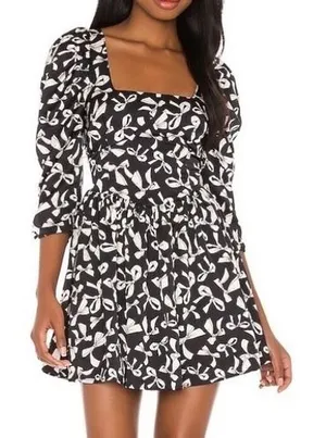 For Love & Lemons Womens Angelica Bow Print‎ Coquette Puff Sleeve Mini Dress XS thumbnail 1