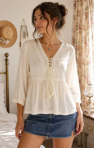 Janasya Ivory Lace Up Babydoll Top Medium Boho Crochet Trim Peasant Blouse thumbnail 1