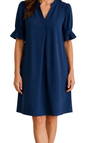 Umgee Womens Navy Blue‎ Split Neck Shift Dress Short Puff Ruffle Sleeve Size Large thumbnail 1