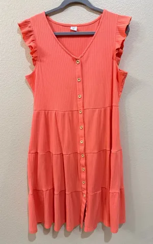 IFFEI Woman Coral Ribbed Knit Tiered Ruffle Button Front Swing Dress XL thumbnail 1