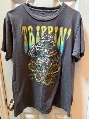 Obsessive Love Trippin' Mushroom & Sunflower Graphic Tee - Charcoal with Yellow/Teal Accents thumbnail 1