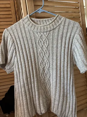 Basic Editions Neutral Beige Cable Knit Short Sleeve Sweater Medium thumbnail 1