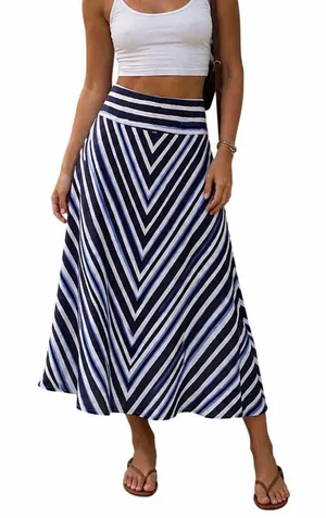 Boho Chevron Stripe Linen Feel Midi Skirt Blue Black White Small thumbnail 1