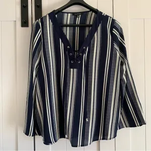 Karina & Chloe Womens XL Navy White Stripe Lace Up Peasant Boho Blouse Top thumbnail 3