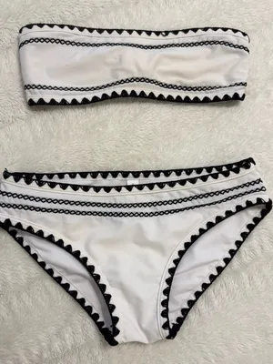 Shein White Bandeau Bikini Set with Black Trim, Size Small thumbnail 1