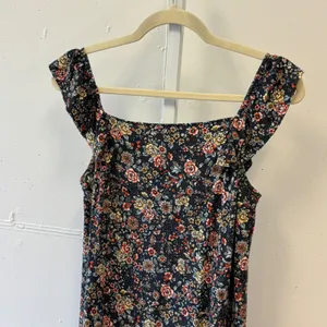 LOFT Floral Ruffle Strap Square Neck Mini Dress Black Multicolor Small Boho Soft thumbnail 3