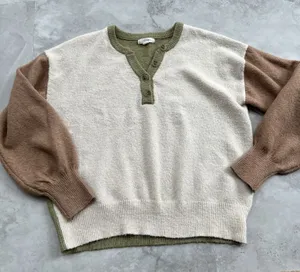 Mine Blocked Neural Color Sweater Size Small S Colorblock Puff Sleeve Henley‎ thumbnail 1