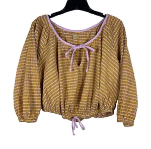 Free EST Free People Boho Mustard Plaid Blouse Peasant Top Balloon Sleeve Tie thumbnail 1