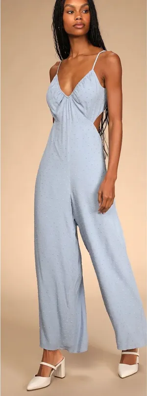 Lulus Darling Ties Light Blue Swiss Dot Tie-Back Wide-Leg Jumpsuit Size M thumbnail 1