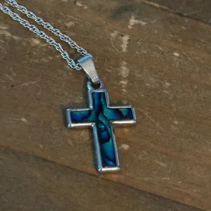 Silver tone abalone cross pendant necklace thumbnail 3