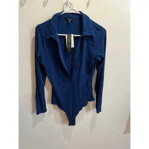Violets & Roses NWT Women Small Blue Ribbed Knit Long Sleeve Bodysuit Fall Chic thumbnail 4