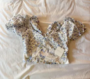 Altar’d State Ivory And Blue Floral Puff Sleeve Tie Back Top Size Small thumbnail 1