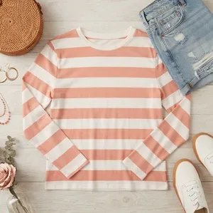 A New Day Womens Peach White Striped Long‎ Sleeve Crewneck T-Shirt Small thumbnail 1