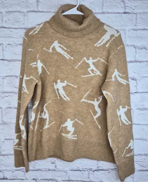 CeCe Ski Sweater Womens Small Camel Tan Turtleneck Skier Graphic Knit Apres Cozy thumbnail 1